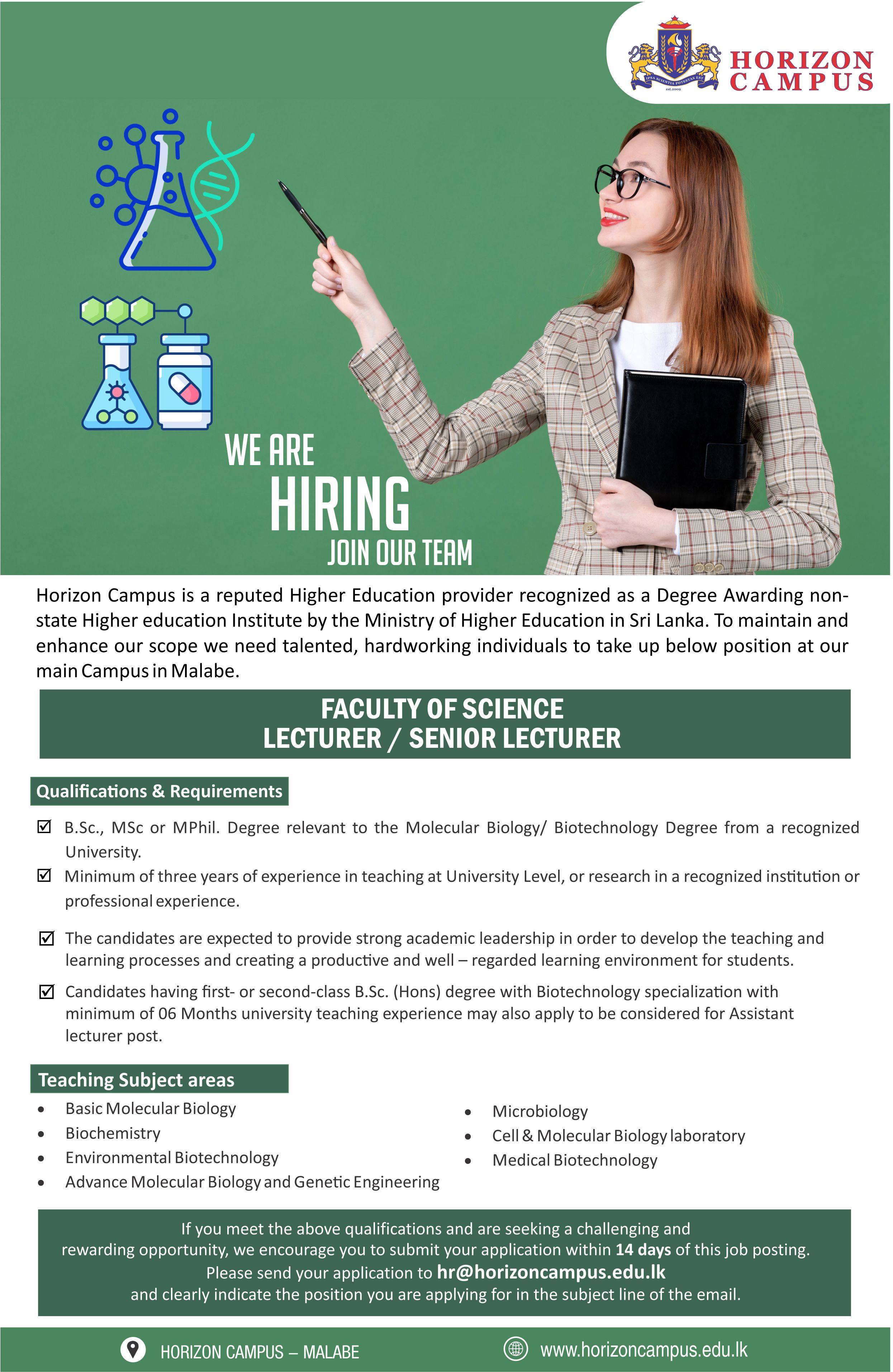 Faculty of Science Lecturer, Senior Lecturer